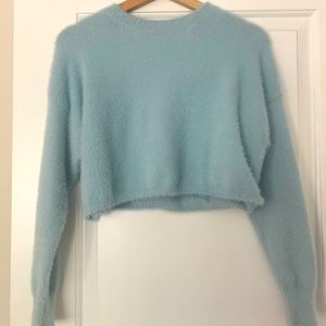 Long sleeve, cropped, fuzzy, baby blue